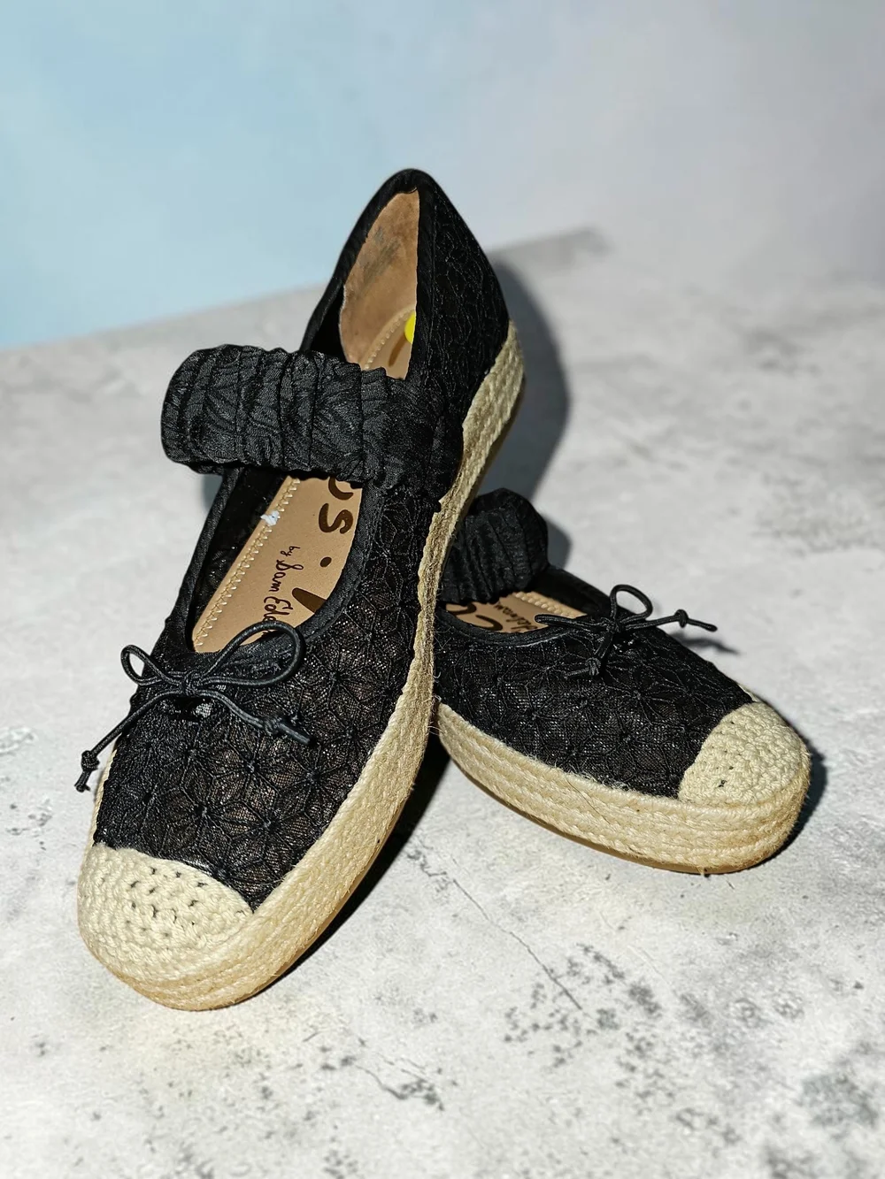 Nwot  Sam EldemanBlack Crochet Espadrille Mary Jane Flats with Natural Trim
